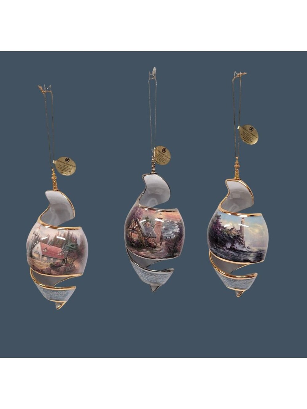 Thomas Kinkade Set of 3 Spiral Ornament Tenth Issue 2005 Shoreline Splendors